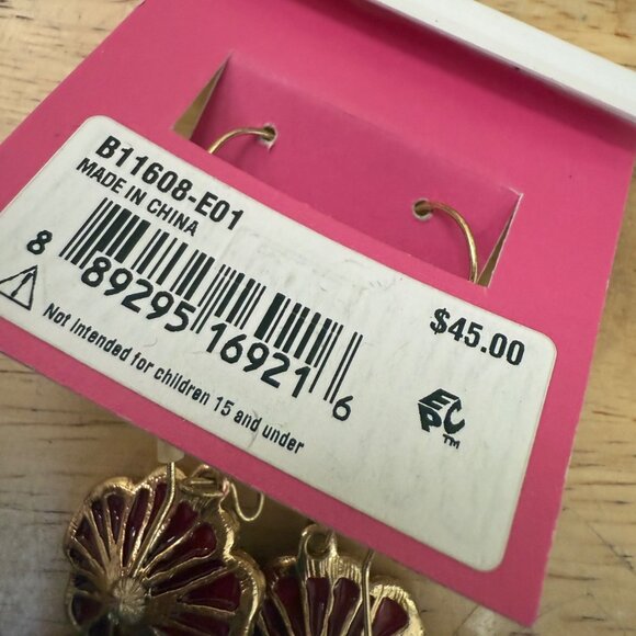Betsey Johnson Pink & Gold Floral Drop Earrings Rhinestone, Garden Girl, Whimsy, - Picture 6 of 9